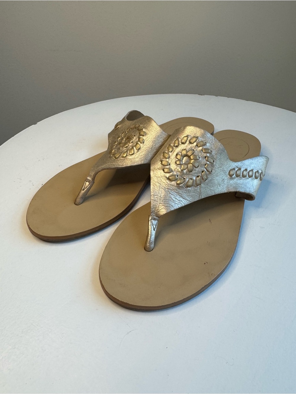 Jack Rogers Gold Leather Thong Sandals with Signature Medallion